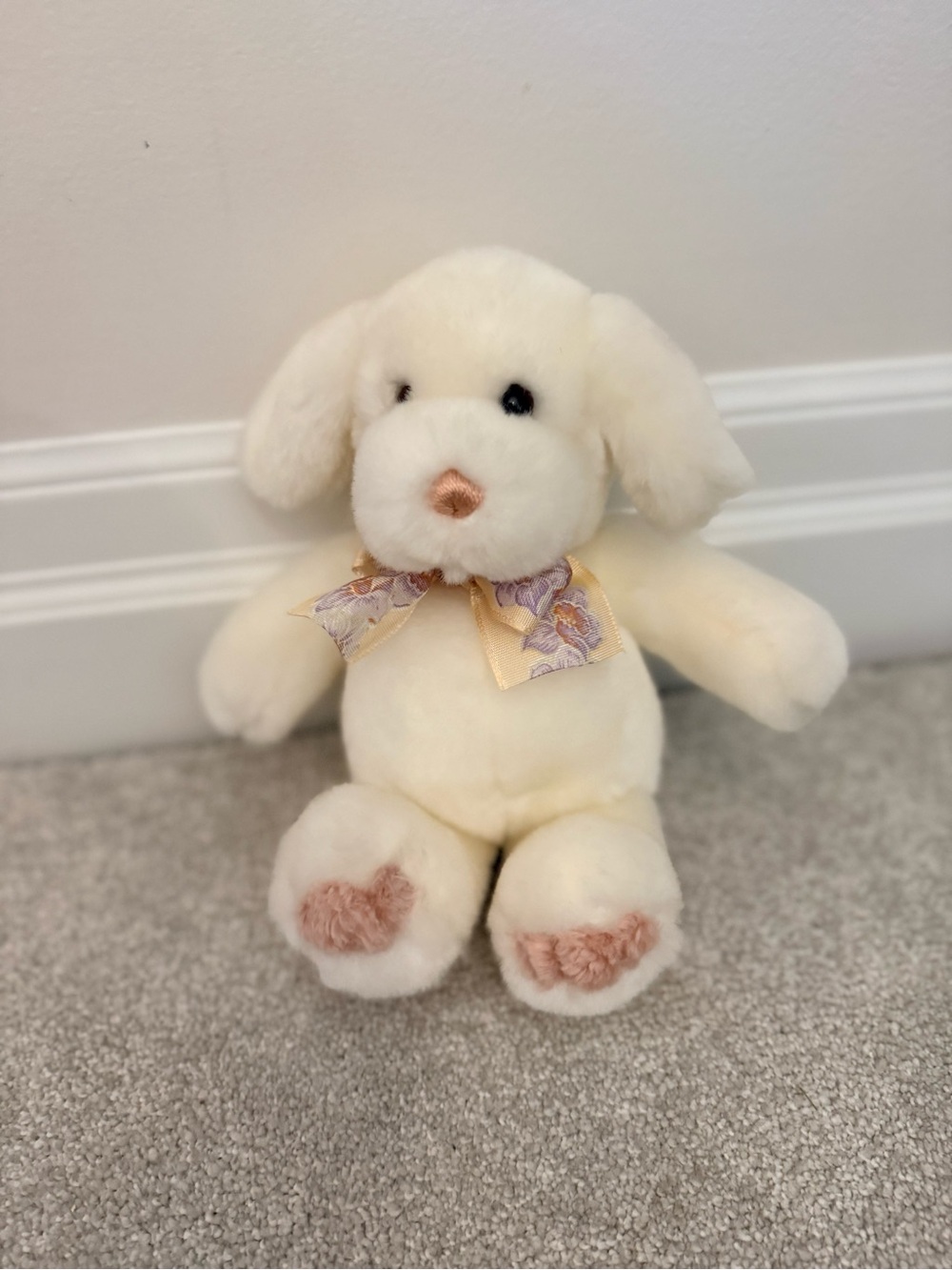 Gund Cream Plush Puppy with Pink Accents and Floral Bow